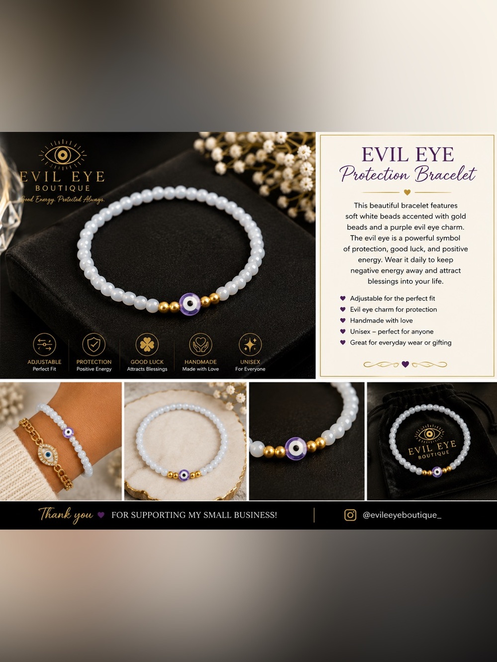 Evil Eye White Beaded Bracelet with Purple Charm and Gold Accents #45